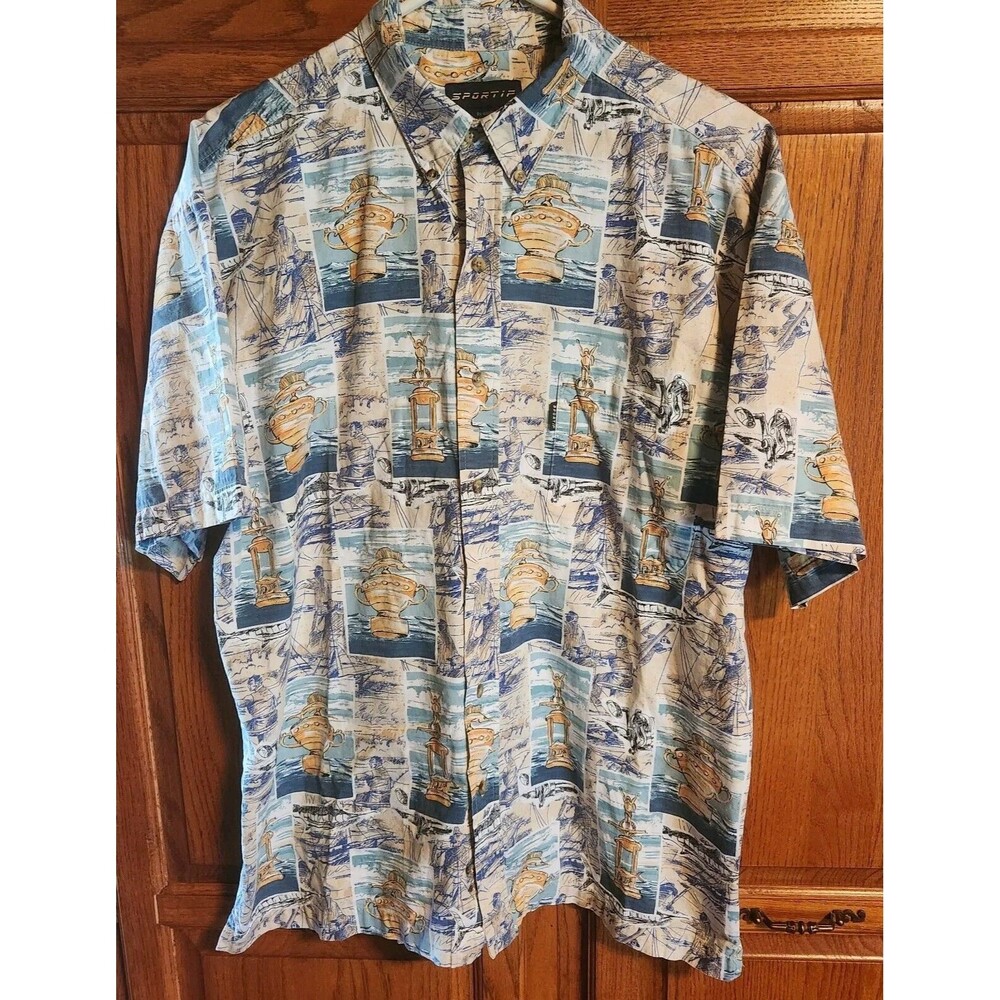 Vtg Le Coq Sportif All Over Fishing Print Button Up Shirt Mens LG Resorty Casual